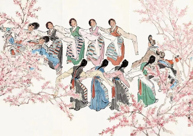 葉淺予高原之春紙本設(shè)色211cm×98cm、211cm×105cm、211cm×98cm1964年